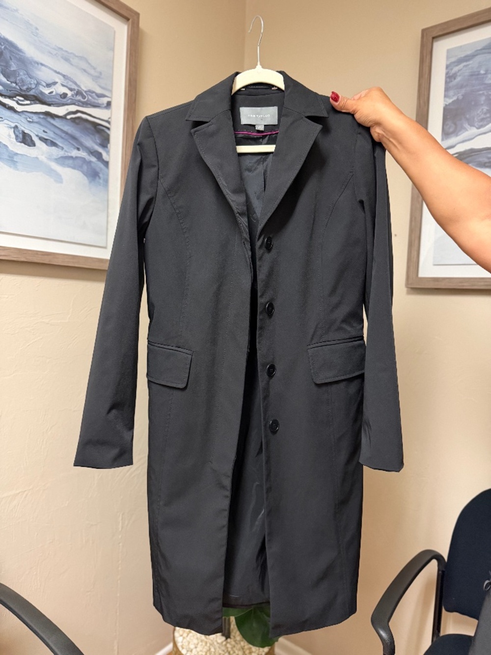 Ann Taylor Black Long Tailored Coat Size 2 Classic Button Front